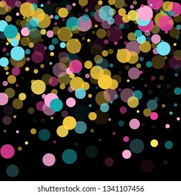 Memphis round confetti falling background in blue, magenta and yellow on black.  Childish pattern vector, kid's party birthday celebration background.  Holiday confetti circles in memphis style.