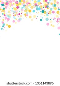 Memphis round confetti falling background in cyan, magenta and gold on white.  Childish pattern vector, children's party birthday celebration background.  Holiday confetti circles in memphis style.
