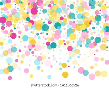 Memphis round confetti falling background in cyan, magenta and gold on white.  Childish pattern vector, children's party birthday celebration background.  Holiday confetti circles in memphis style.
