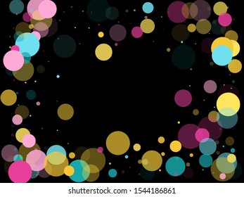 Memphis round confetti falling background in cyan, crimson and gold on black.  Childish pattern vector, children's party birthday celebration background.  Holiday confetti circles in memphis style.