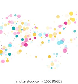 Memphis round confetti falling background in blue, crimson and yellow on white.  Childish pattern vector, children's party birthday celebration background.  Holiday confetti circles in memphis style.