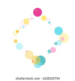 Memphis round confetti falling background in cayn, magenta and yellow on white.  Childish pattern vector, children's party birthday celebration background.  Holiday confetti circles in memphis style.