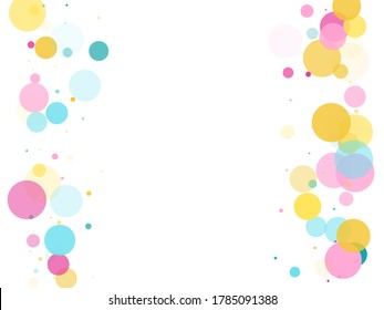 Memphis round confetti falling background in teal, rose color, gold on white. Childish pattern vector, children's party birthday celebration background. Holiday confetti circles in memphis style.