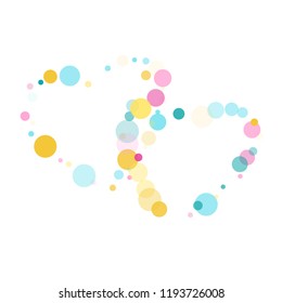 Memphis round confetti festive background in blue, pink and yellow on white.  Childish pattern vector, children's party birthday celebration background.  Holiday confetti circles in memphis style.