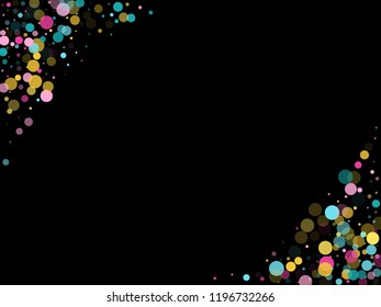 Memphis round confetti festive background in blue, crimson and gold on black.  Childish pattern vector, children's party birthday celebration background.  Holiday confetti circles in memphis style.