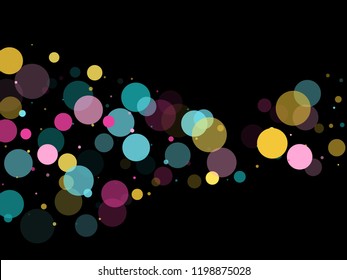 Memphis round confetti festive background in blue, rose color, gold on black.  Childish pattern vector, kid's party birthday celebration background.  Holiday confetti circles in memphis style.