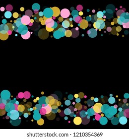 Memphis round confetti festive background in cyan, rose color, gold on black.  Childish pattern vector, children's party birthday celebration background.  Holiday confetti circles in memphis style.