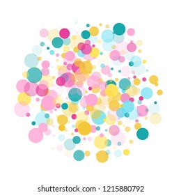 Memphis round confetti festive background in cayn, magenta and yellow on white.  Childish pattern vector, children's party birthday celebration background.  Holiday confetti circles in memphis style.