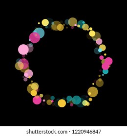 Memphis round confetti festive background in cayn, crimson and yellow on black.  Childish pattern vector, children's party birthday celebration background.  Holiday confetti circles in memphis style.