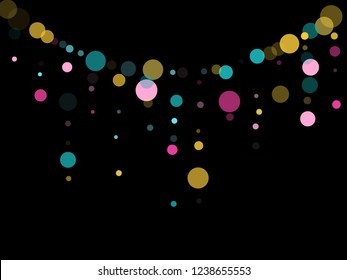 Memphis rund um Konfetti festlicher Hintergrund auf Blau, Rosa und Gold auf Schwarz.  Kindermuster, Vektorgrafik, Kinderparty, Geburtstagsfeier, Hintergrund.  Feiertags-Konfetti-Kreise im Memphis-Stil.