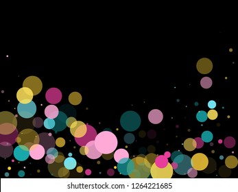Memphis round confetti festive background in cayn, magenta and yellow on black.  Childish pattern vector, kid's party birthday celebration background.  Holiday confetti circles in memphis style.