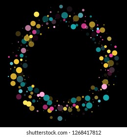 Memphis round confetti festive background in blue, pink and yellow on black.  Childish pattern vector, children's party birthday celebration background.  Holiday confetti circles in memphis style.