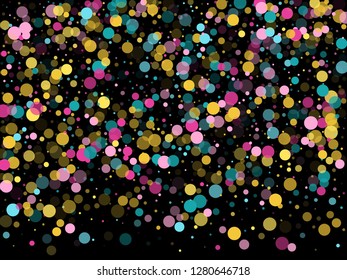Memphis round confetti festive background in blue, pink and yellow on black.  Childish pattern vector, kid's party birthday celebration background.  Holiday confetti circles in memphis style.