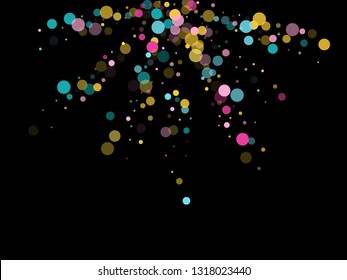 Memphis round confetti festive background in blue, rose color, gold on black.  Childish pattern vector, children's party birthday celebration background.  Holiday confetti circles in memphis style.