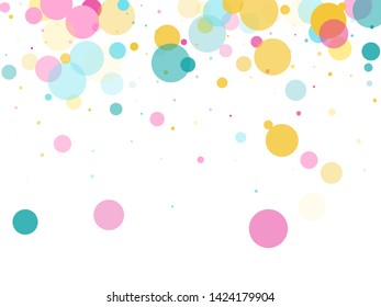 Memphis round confetti festive background in cayn, crimson and yellow on white.  Childish pattern vector, children's party birthday celebration background.  Holiday confetti circles in memphis style.