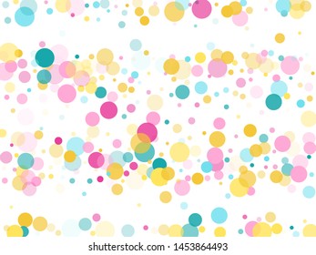 Memphis round confetti festive background in teal, rose color, gold on white.  Childish pattern vector, children's party birthday celebration background.  Holiday confetti circles in memphis style.