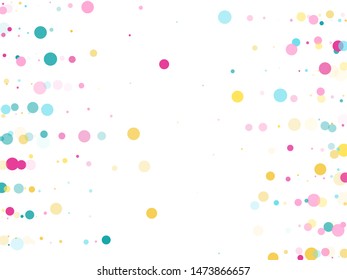 Memphis round confetti festive background in cyan, crimson and gold on white.  Childish pattern vector, children's party birthday celebration background.  Holiday confetti circles in memphis style.