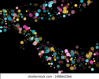 Memphis round confetti festive background in blue, magenta and yellow on black.  Childish pattern vector, children's party birthday celebration background.  Holiday confetti circles in memphis style.