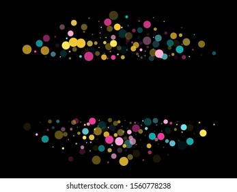 Memphis round confetti festive background in blue, crimson and gold on black.  Childish pattern vector, children's party birthday celebration background.  Holiday confetti circles in memphis style.