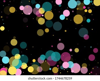 Memphis round confetti festive background in blue, magenta and gold on black.  Childish pattern vector, kid's party birthday celebration background.  Holiday confetti circles in memphis style.