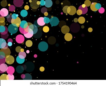 Memphis round confetti festive background in blue, rose color, gold on black.  Childish pattern vector, kid's party birthday celebration background.  Holiday confetti circles in memphis style.