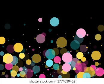 Memphis round confetti festive background in teal, rose color, gold on black.  Childish pattern vector, kid's party birthday celebration background.  Holiday confetti circles in memphis style.