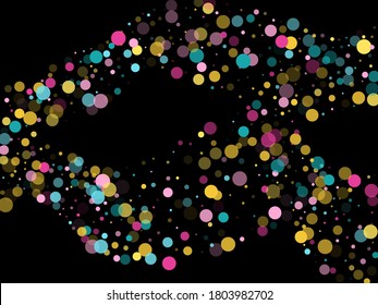 Memphis round confetti festive background in cyan, pink and gold on black. Childish pattern vector, kid's party birthday celebration background. Holiday confetti circles in memphis style.