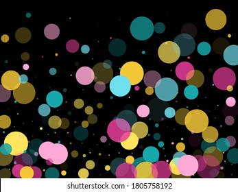 Memphis round confetti festive background in blue, pink and yellow on black. Childish pattern vector, kid's party birthday celebration background. Holiday confetti circles in memphis style.