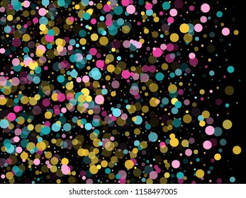 Memphis round confetti flying background in cyan, magenta and gold on black.  Childish pattern vector, children's party birthday celebration background.  Holiday confetti circles in memphis style.