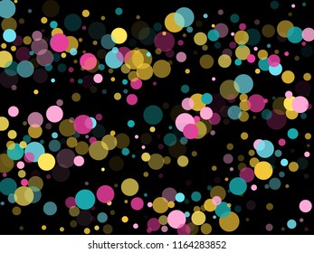 Memphis round confetti flying background in blue, magenta and yellow on black.  Childish pattern vector, children's party birthday celebration background.  Holiday confetti circles in memphis style.