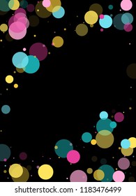 Memphis round confetti flying background in cyan, pink and gold on black.  Childish pattern vector, children's party birthday celebration background.  Holiday confetti circles in memphis style.