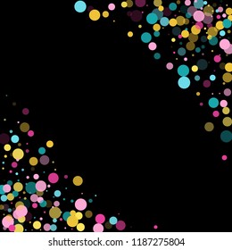 Memphis round confetti flying background in blue, pink and yellow on black.  Childish pattern vector, children's party birthday celebration background.  Holiday confetti circles in memphis style.