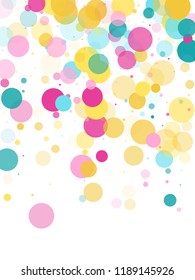 Memphis round confetti flying background in cyan, rose color, gold on white.  Childish pattern vector, children's party birthday celebration background.  Holiday confetti circles in memphis style.