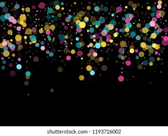 Memphis round confetti flying background in cyan, pink and gold on black.  Childish pattern vector, children's party birthday celebration background.  Holiday confetti circles in memphis style.