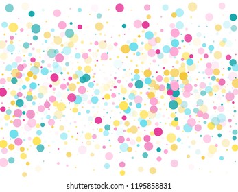 Memphis round confetti flying background in teal, rose color, gold on white.  Childish pattern vector, children's party birthday celebration background.  Holiday confetti circles in memphis style.