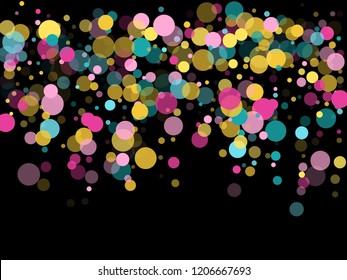 Memphis round confetti flying background in blue, magenta and gold on black.  Childish pattern vector, kid's party birthday celebration background.  Holiday confetti circles in memphis style.