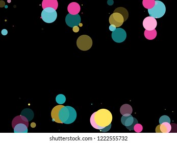 Memphis round confetti flying background in cayn, crimson and yellow on black.  Childish pattern vector, children's party birthday celebration background.  Holiday confetti circles in memphis style.