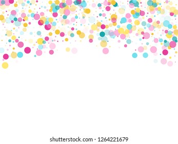 Memphis round confetti flying background in cayn, magenta and yellow on white.  Childish pattern vector, children's party birthday celebration background.  Holiday confetti circles in memphis style.