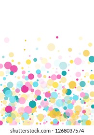Memphis round confetti flying background in blue, magenta and yellow on white.  Childish pattern vector, children's party birthday celebration background.  Holiday confetti circles in memphis style.