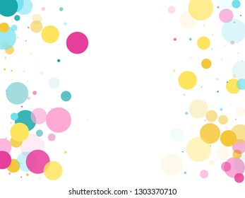Memphis round confetti flying background in cyan, crimson and gold on white.  Childish pattern vector, children's party birthday celebration background.  Holiday confetti circles in memphis style.