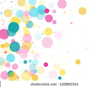 Memphis round confetti flying background in blue, crimson and yellow on white.  Childish pattern vector, children's party birthday celebration background.  Holiday confetti circles in memphis style.