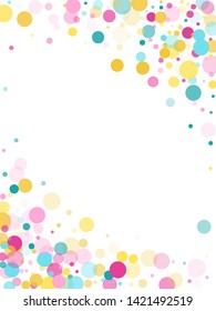 Memphis round confetti flying background in blue, pink and gold on white.  Childish pattern vector, children's party birthday celebration background.  Holiday confetti circles in memphis style.