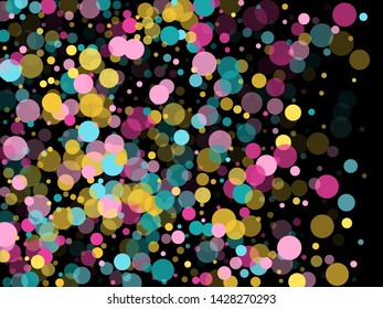 Memphis round confetti flying background in cyan, pink and gold on black.  Childish pattern vector, kid's party birthday celebration background.  Holiday confetti circles in memphis style.