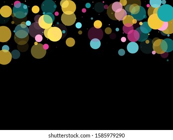 Memphis round confetti flying background in blue, magenta and gold on black.  Childish pattern vector, kid's party birthday celebration background.  Holiday confetti circles in memphis style.