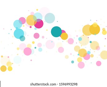 Memphis round confetti flying background in cyan, crimson and gold on white.  Childish pattern vector, children's party birthday celebration background.  Holiday confetti circles in memphis style.