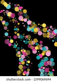 Memphis round confetti flying background in cyan, crimson and gold on black.  Childish pattern vector, children's party birthday celebration background.  Holiday confetti circles in memphis style.