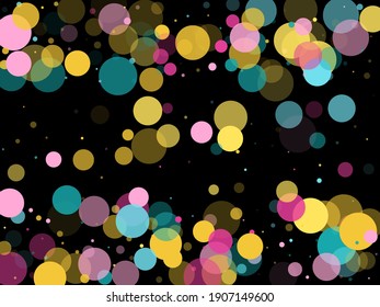 Memphis round confetti flying background in cyan, rose color, gold on black. Childish pattern vector, kid's party birthday celebration background. Holiday confetti circles in memphis style.