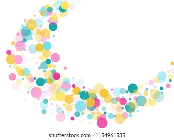 Memphis round confetti modern background in cayn, crimson and yellow on white.  Childish pattern vector, children's party birthday celebration background.  Holiday confetti circles in memphis style.