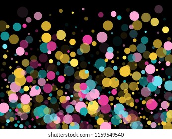 Memphis round confetti modern background in blue, magenta and yellow on black.  Childish pattern vector, children's party birthday celebration background.  Holiday confetti circles in memphis style.