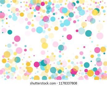 Memphis round confetti modern background in teal, rose color, gold on white.  Childish pattern vector, children's party birthday celebration background.  Holiday confetti circles in memphis style.